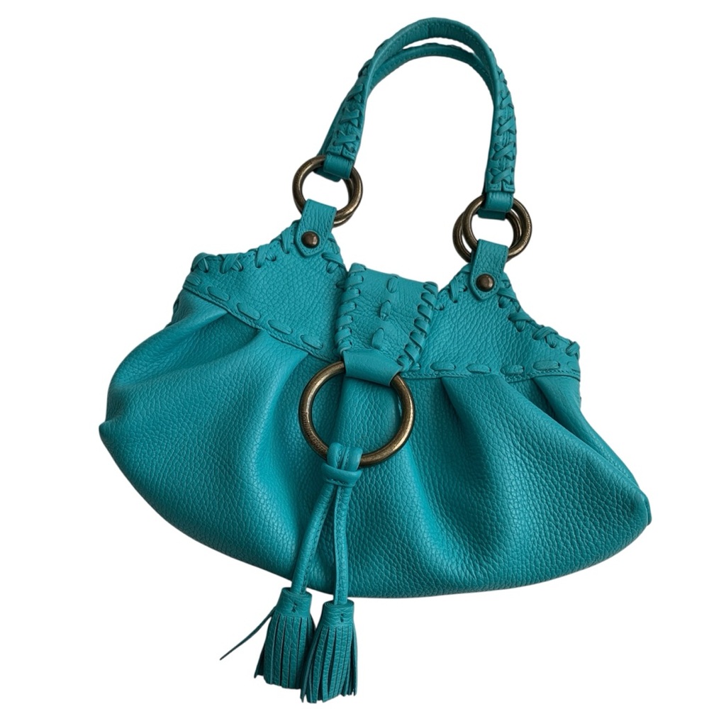 ISABELLA FIORE Turquoise Blue Leather Whip Stitch Shoulder Hobo Bag Purse - Picture 2 of 16